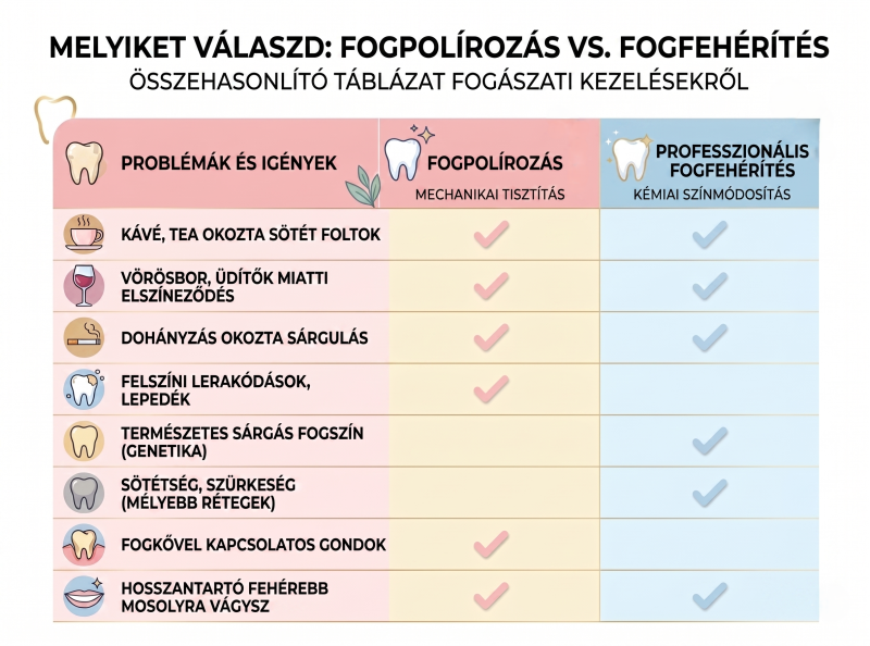 Táblázat a fogpolírozésről és a fogfehérítésről